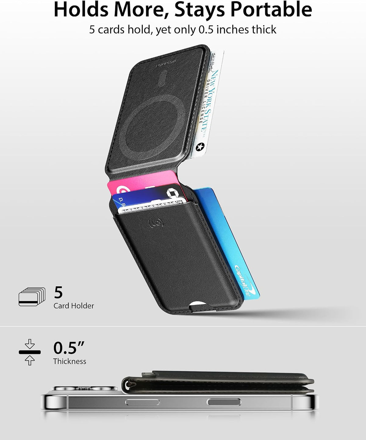 MagSafe wallet stand holds 5 cards yet is only 0.5 inches thick