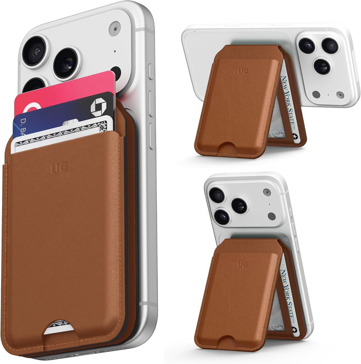 Enclave Wallet Stand Classic in Saddle Tan on an iPhone, shown as a wallet and a kickstand