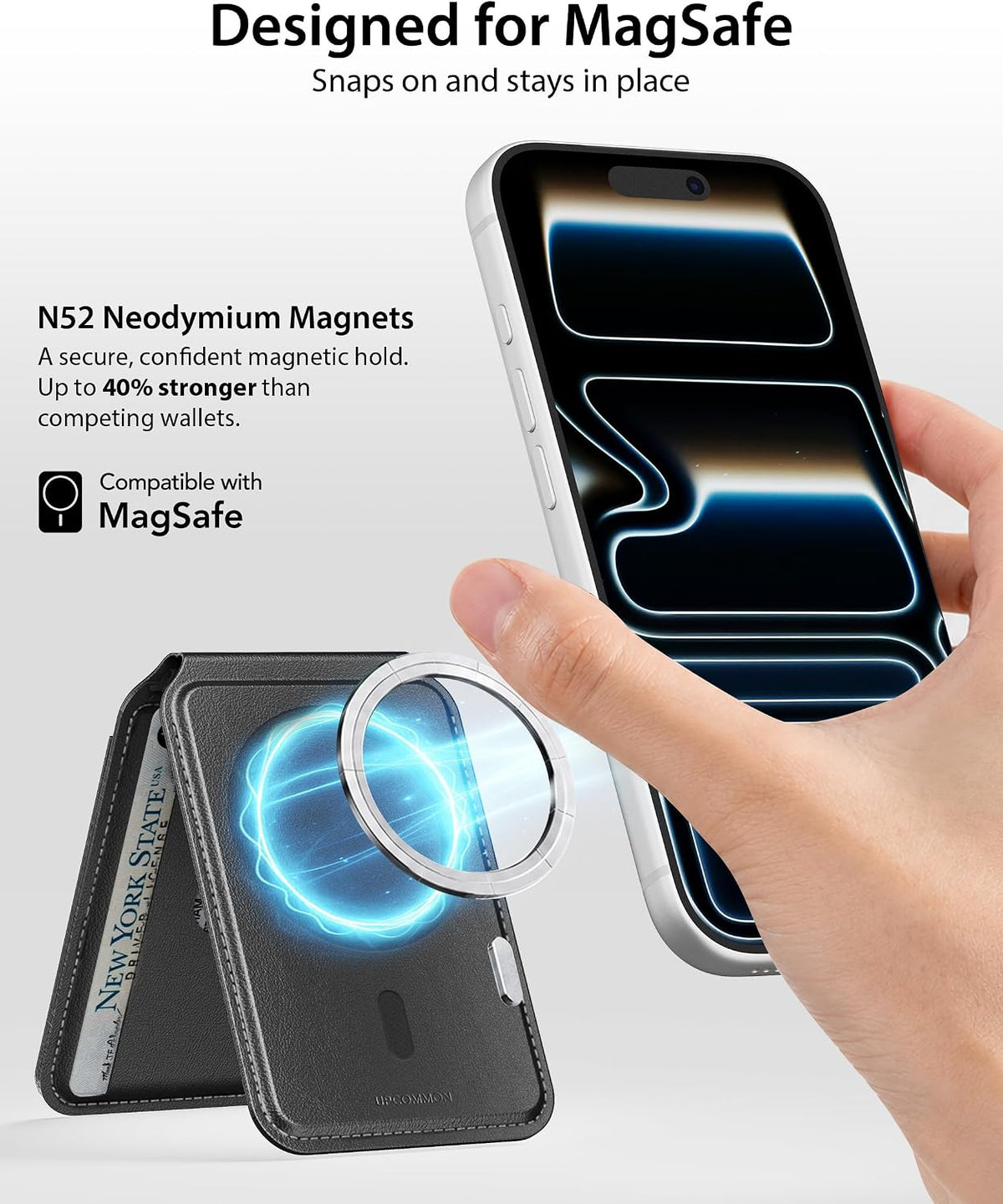 N52 neodymium magnets snap the Enclave wallet onto a MagSafe iPhone and keep it in place