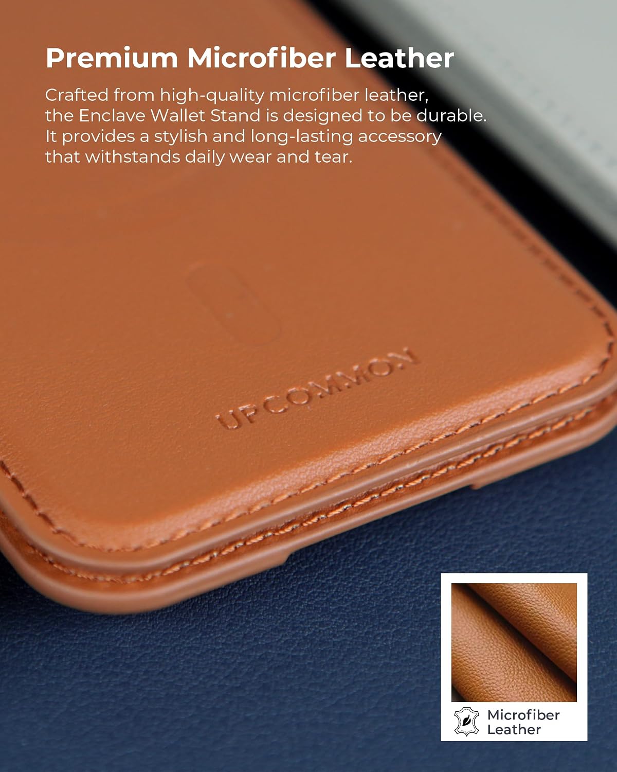 Close-up of the premium vegan microfiber leather on the Enclave Wallet Stand