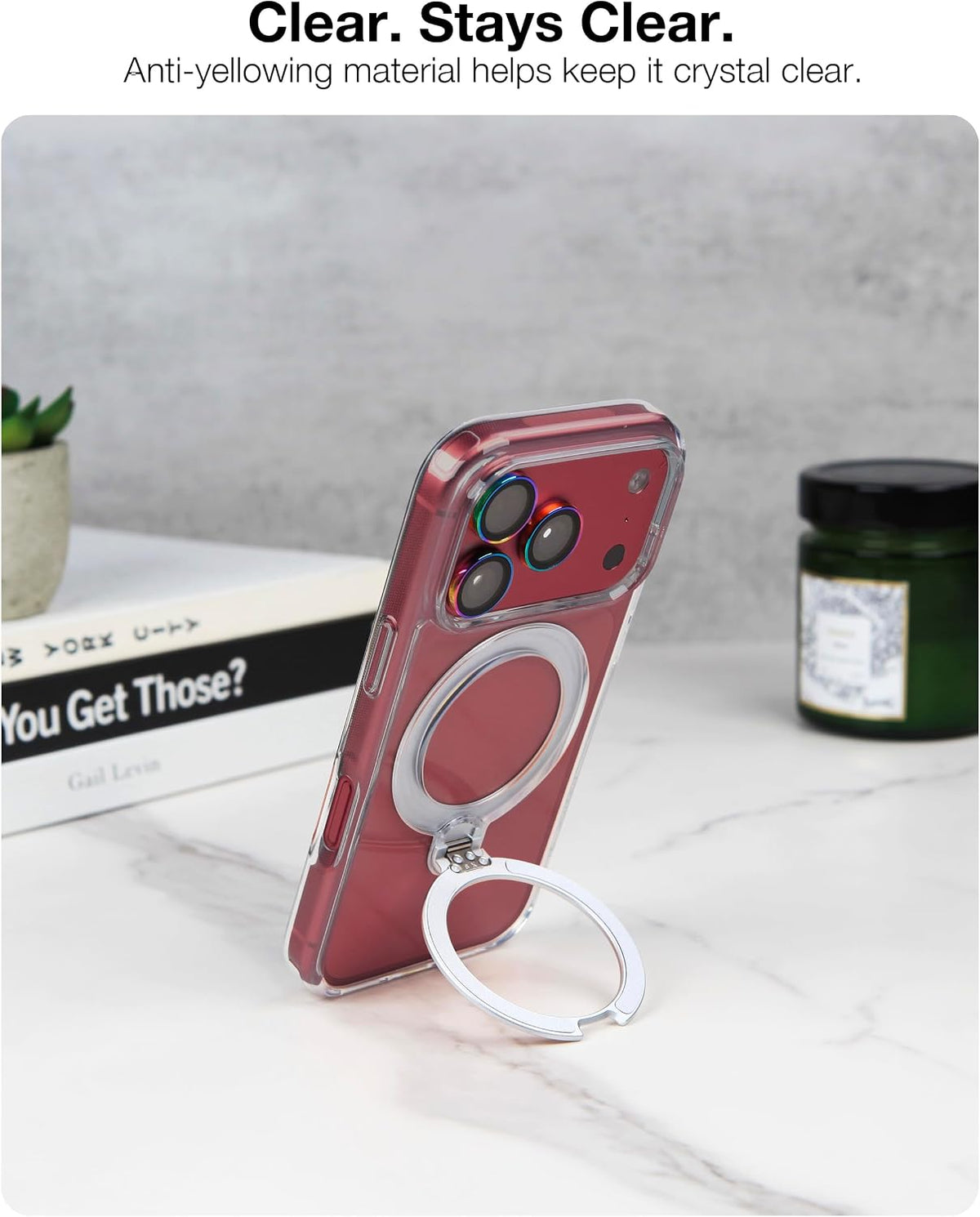Anti-yellowing clear back keeps the kickstand case crystal clear