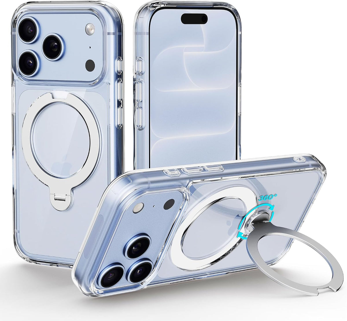 Flex Stand 360 clear MagSafe kickstand case for iPhone 18 Pro / 17 Pro, shown standing