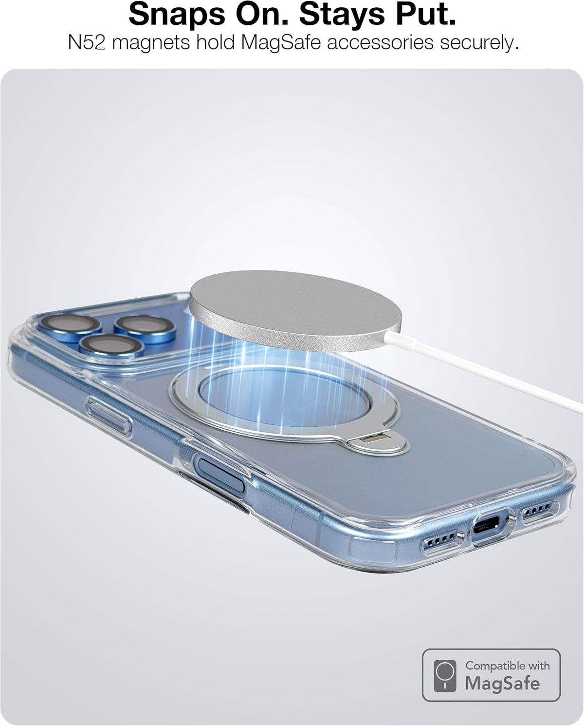 N52 magnets hold MagSafe accessories securely on the kickstand case
