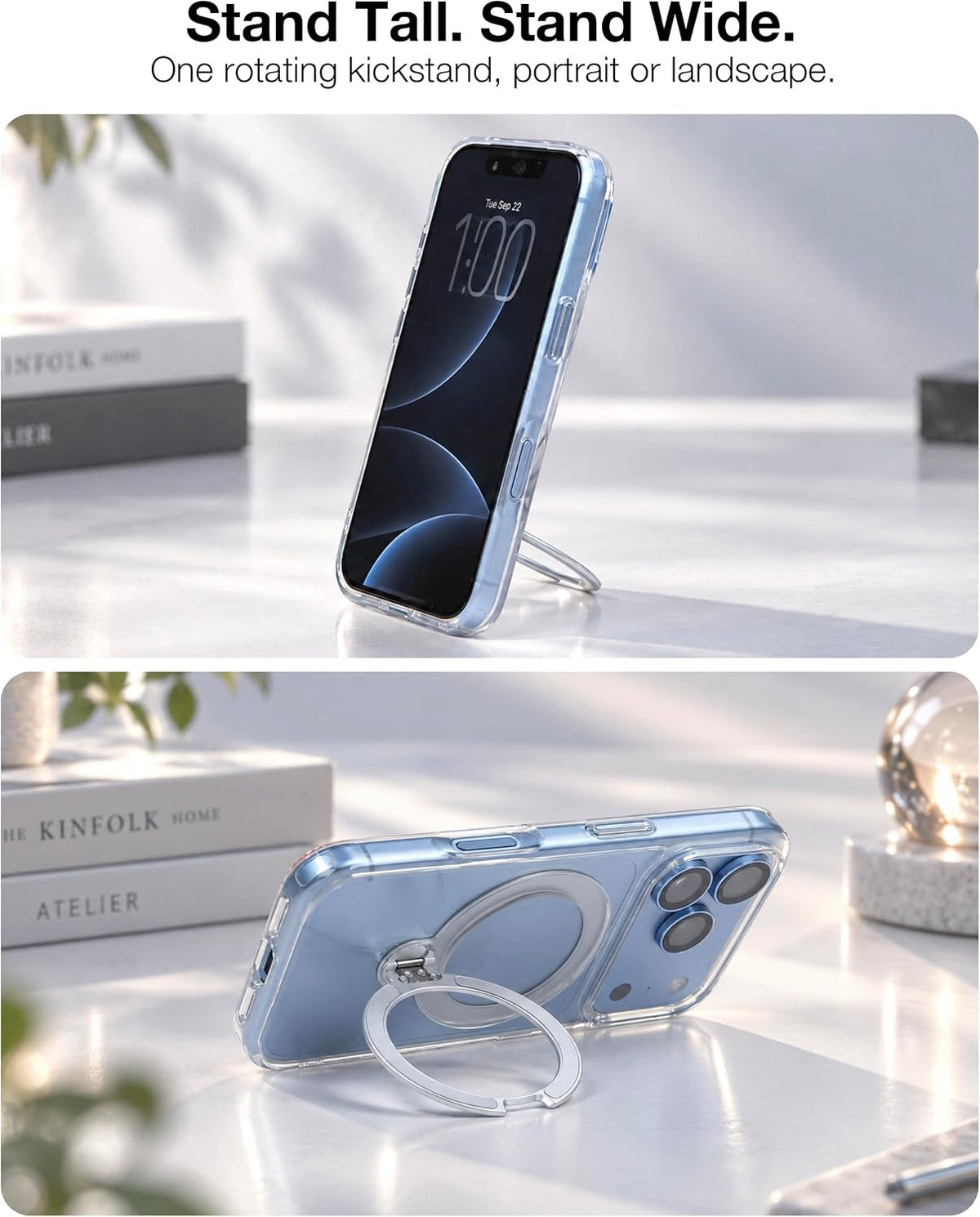 Rotating kickstand stands the iPhone tall in portrait or wide in landscape