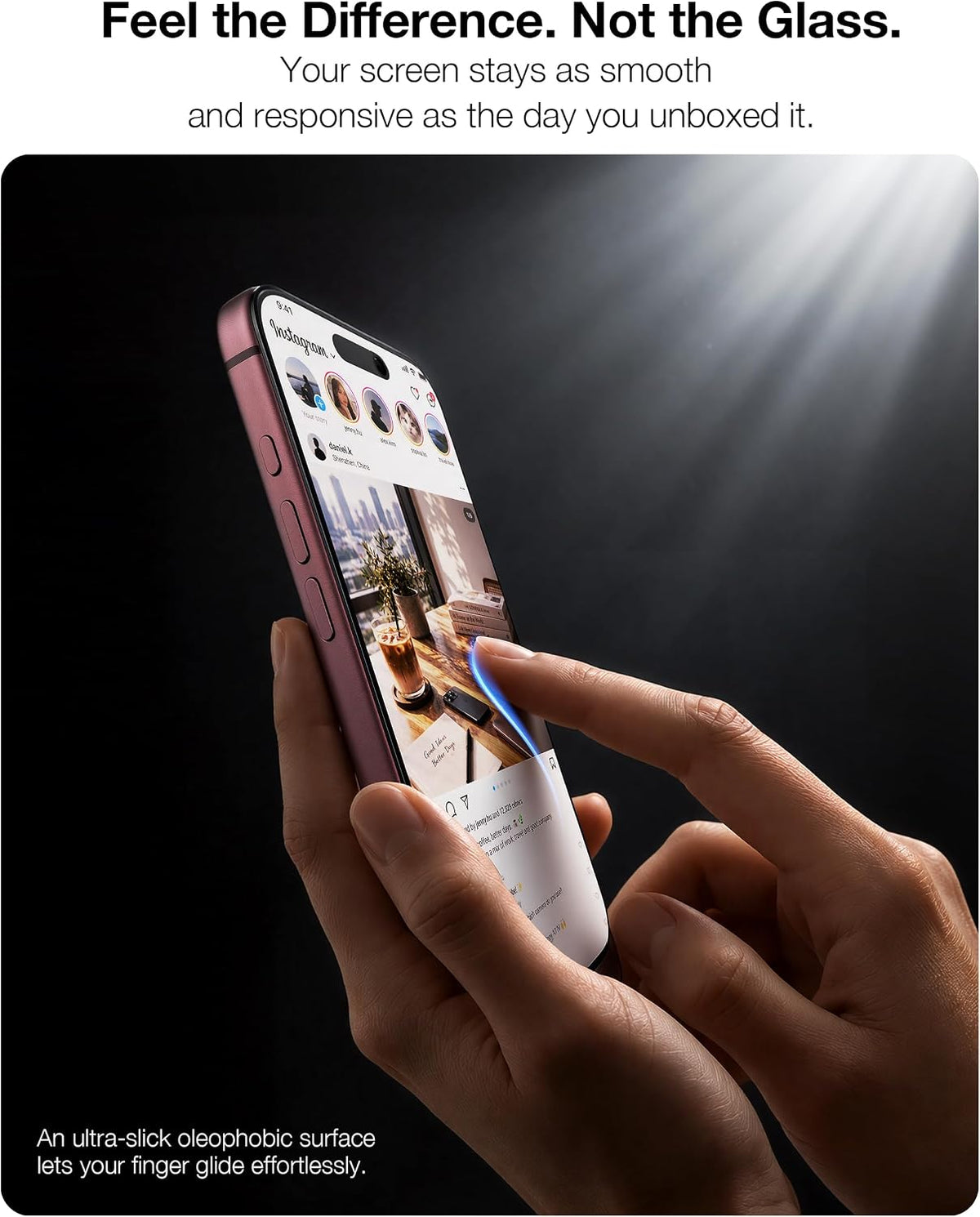 Ultra-slick oleophobic surface keeps the privacy screen smooth and responsive