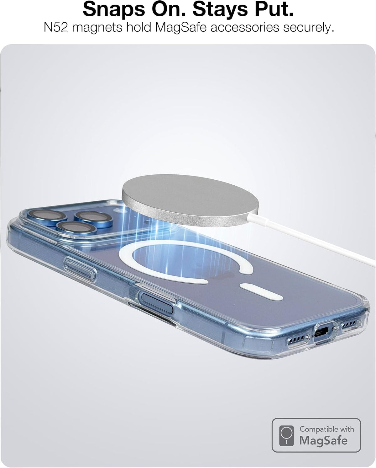 N52 magnets hold MagSafe accessories securely on the clear case