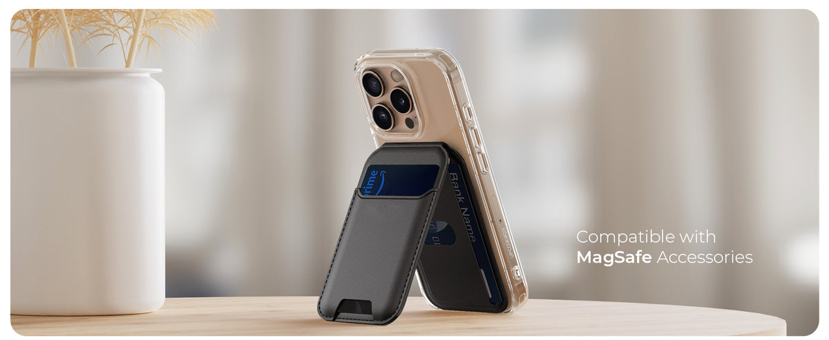 Clear case iPhone with a MagSafe wallet stand attached