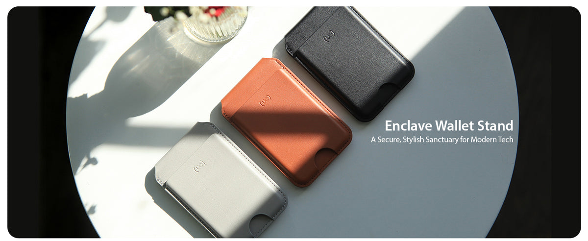 Enclave Wallet Stand, a secure, stylish MagSafe wallet in black, tan and gray