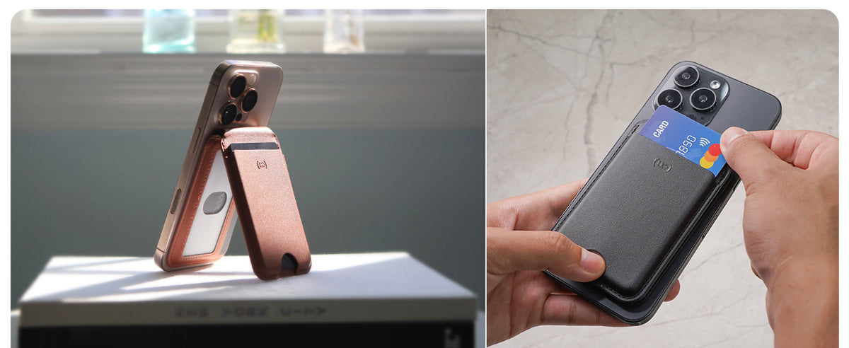 Wallet stand propping up an iPhone and a card being pushed out of the wallet