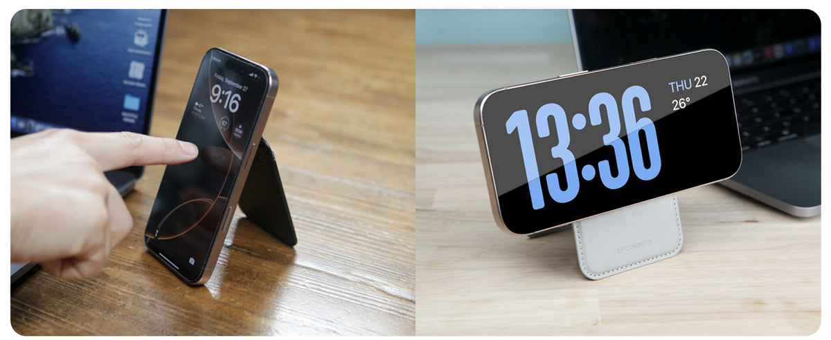 Kickstand holds the iPhone in portrait or landscape for StandBy and video