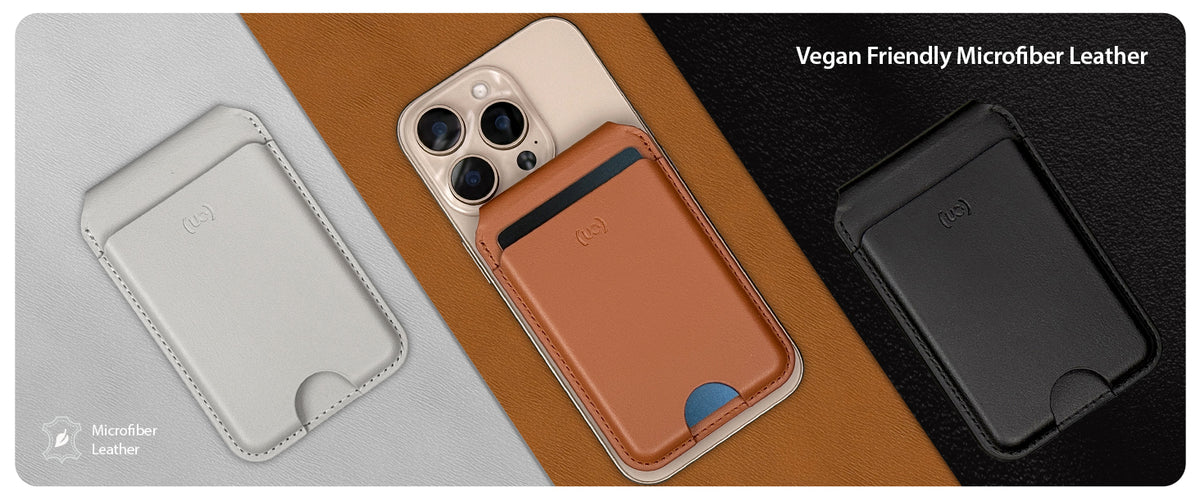 Vegan-friendly microfiber leather wallets in gray, tan and black