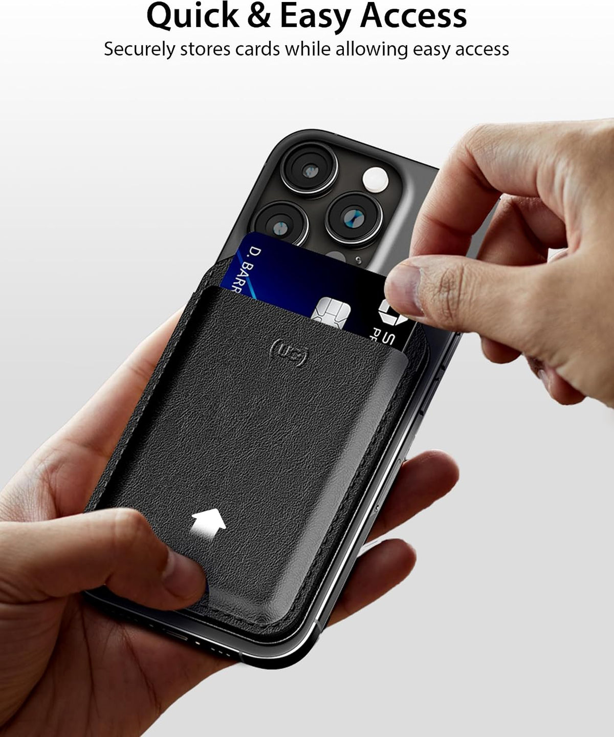 Pushing a card out of the Enclave Wallet Stand for quick, easy access