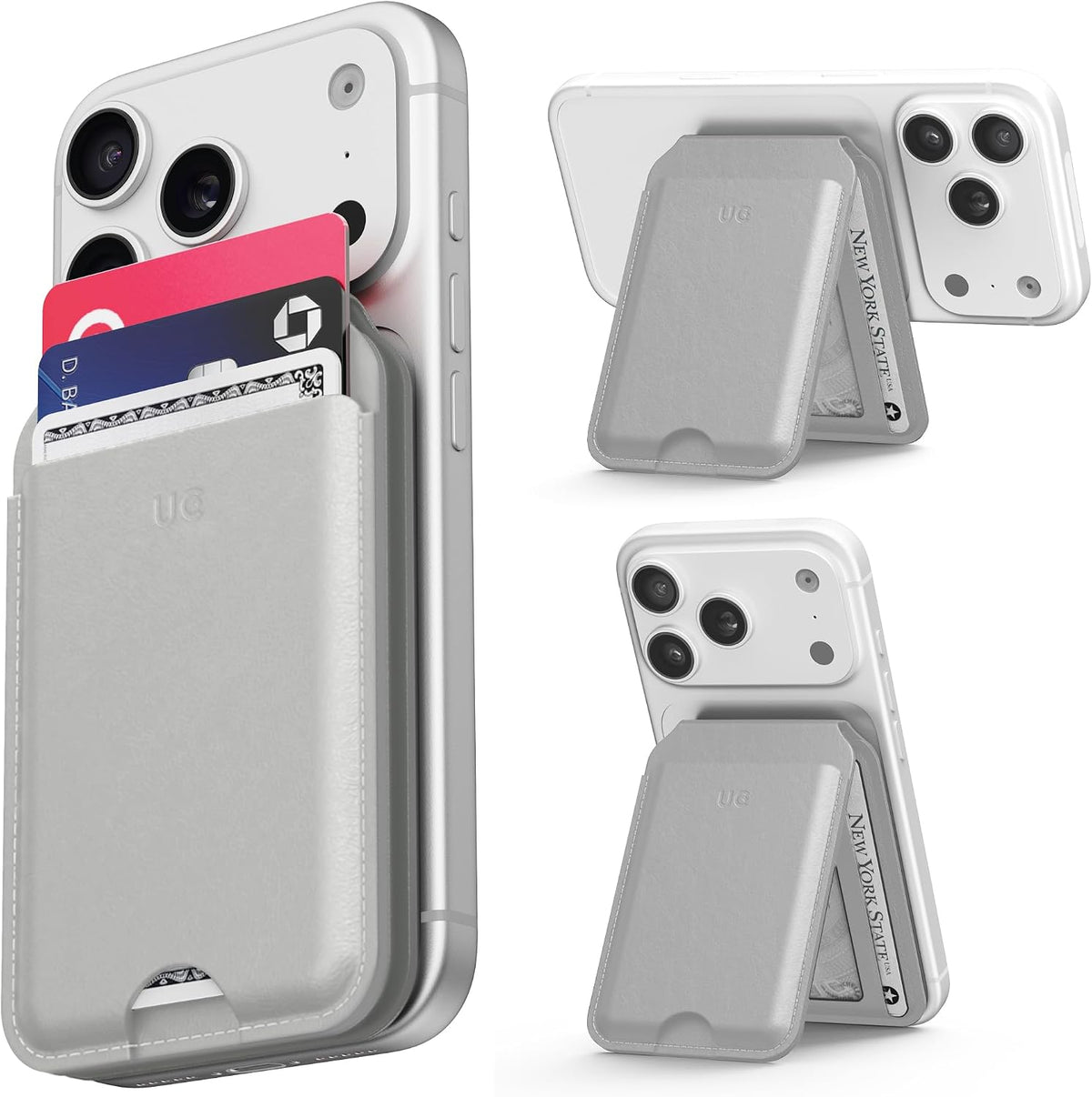 Enclave Wallet Stand Classic in Cloud Gray on an iPhone, shown as a wallet and a kickstand