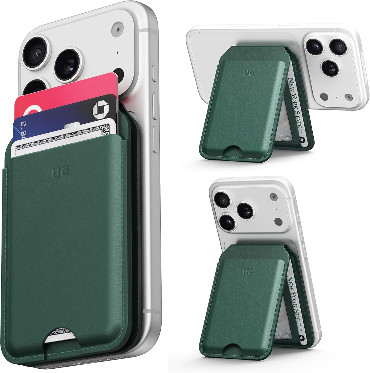 Enclave Wallet Stand Classic in Midnight Green on an iPhone, shown as a wallet and a kickstand