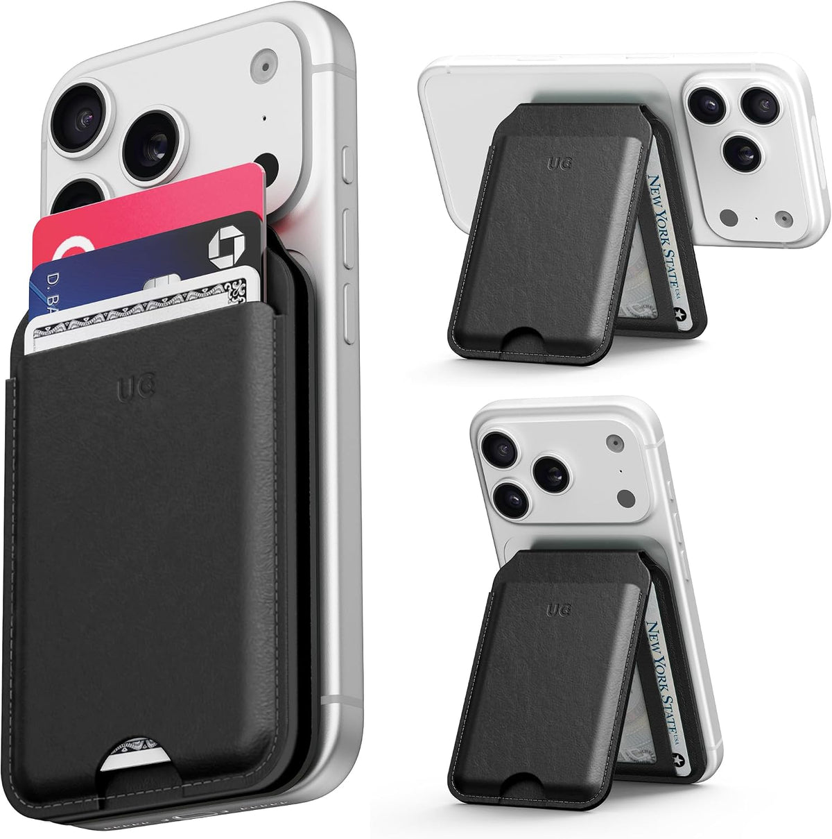 Enclave Wallet Stand Classic in Obsidian Black holding cards on an iPhone, shown open as a kickstand