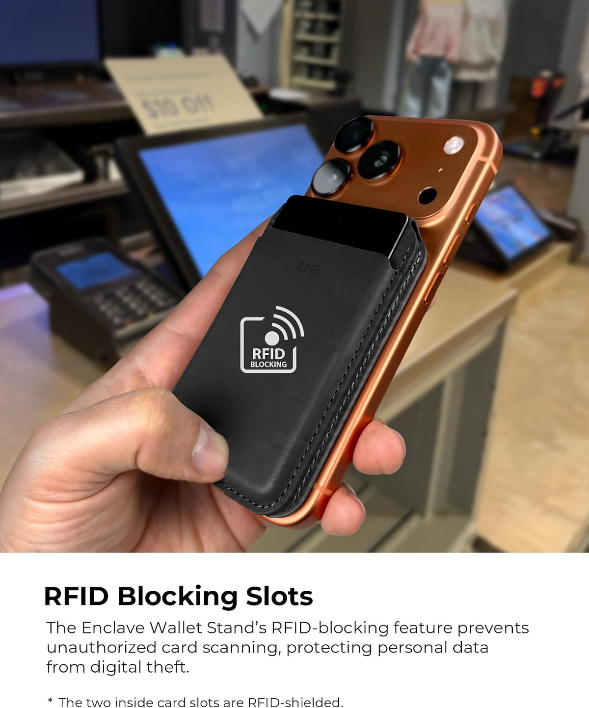 RFID blocking card slots protect cards from unauthorized scanning
