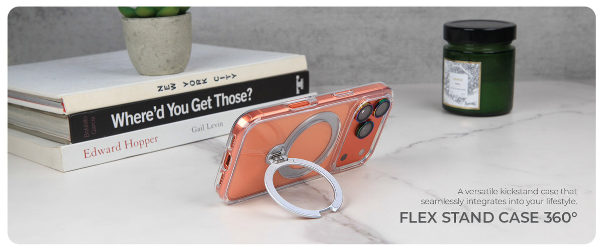 Flex Stand Case 360 holding an iPhone upright on a table