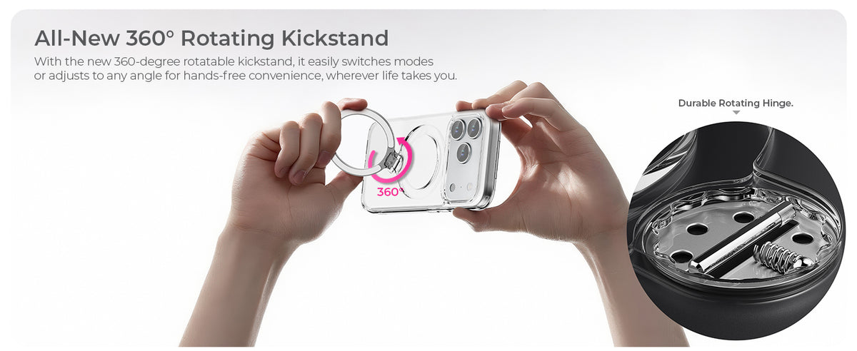 All-new 360 degree rotating kickstand with a durable rotating hinge