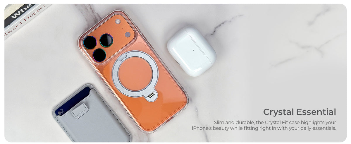 Clear kickstand case on an iPhone next to earbuds and a wallet