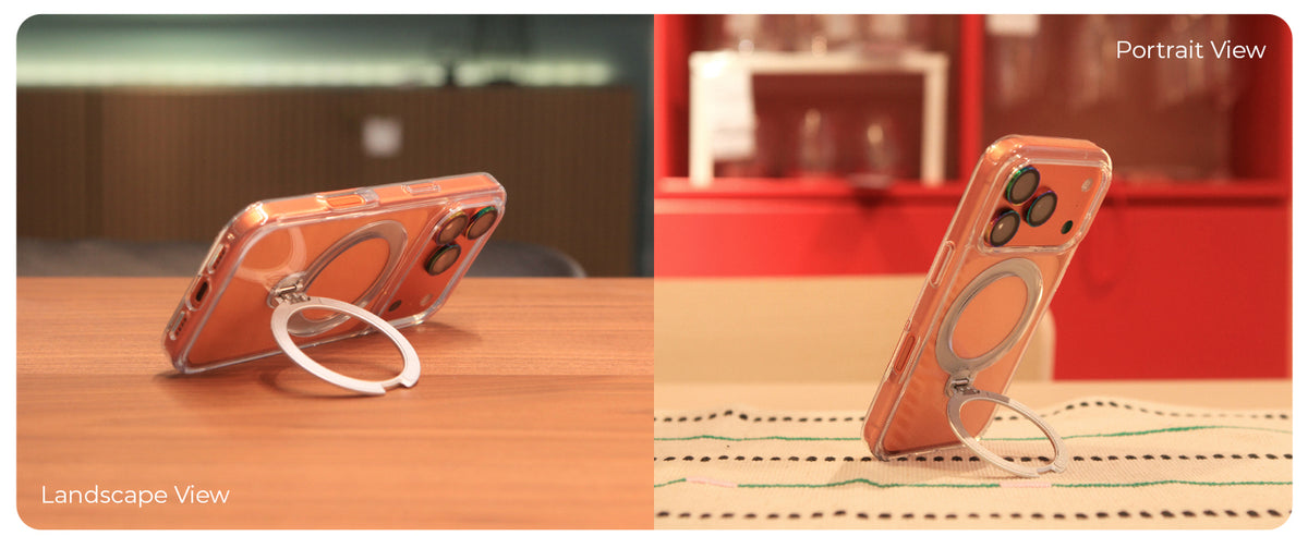Kickstand holds the iPhone in landscape view and portrait view