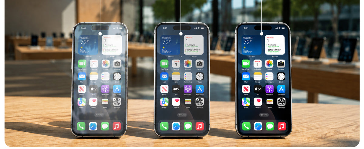 Side-by-side iPhones showing reduced screen reflection with UARMOR Glass AR
