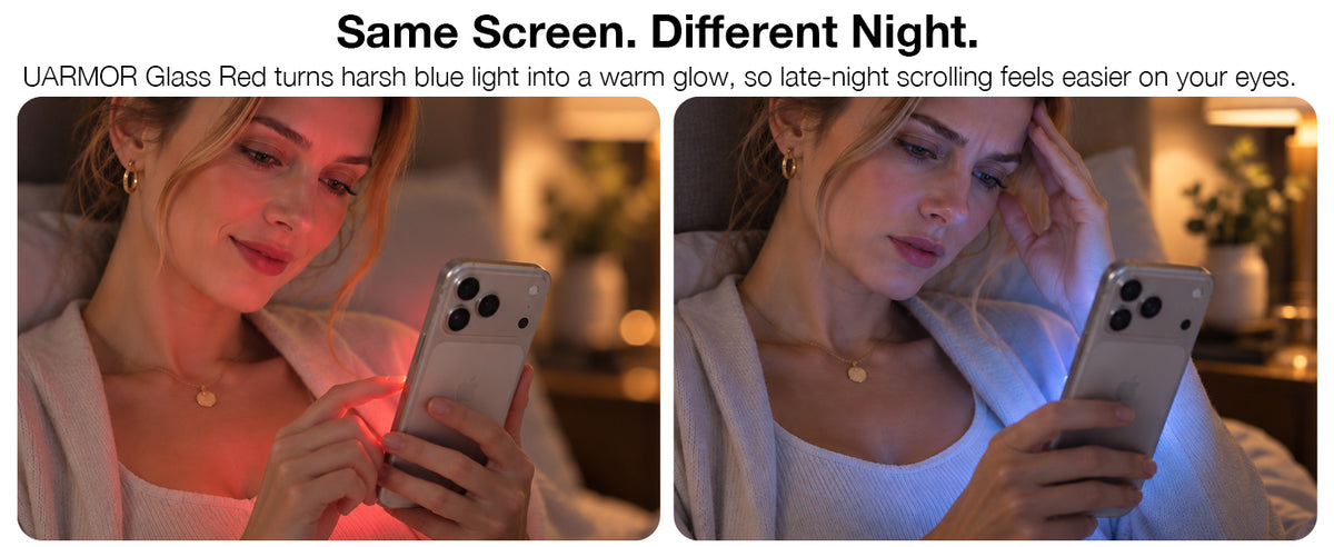 UARMOR Glass Red turns harsh blue light into a warm glow for late-night scrolling