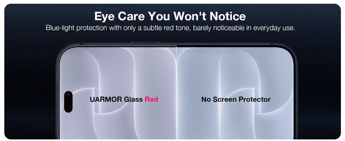 Blue light eye care with only a subtle red tone compared with no screen protector