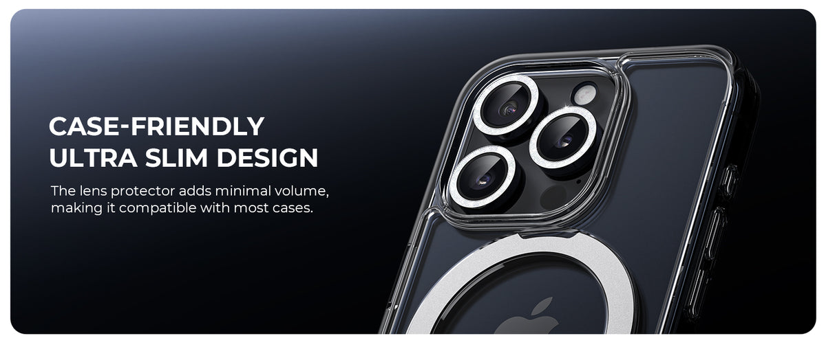 Case-friendly ultra slim lens protector design compatible with most cases