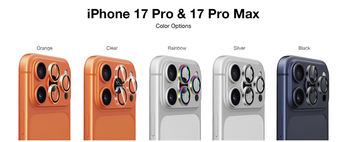 iPhone 17 Pro and 17 Pro Max lens protector color options: Orange, Clear, Rainbow, Silver, Black